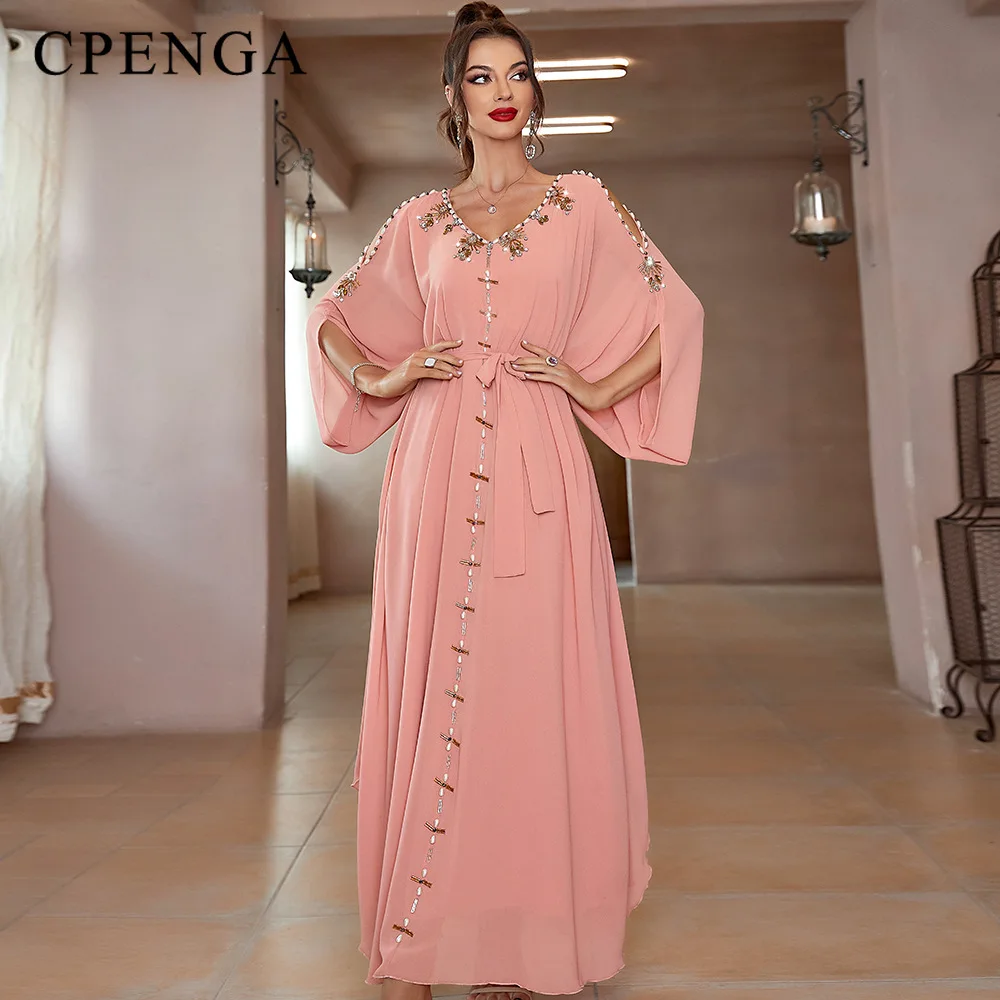 Diamond Dress Dubai Abaya Muslim Women Luxury Handsewn Off Shoulder Dresses Elegant Party Islam Clothing Morocco Caftan Jalabiya