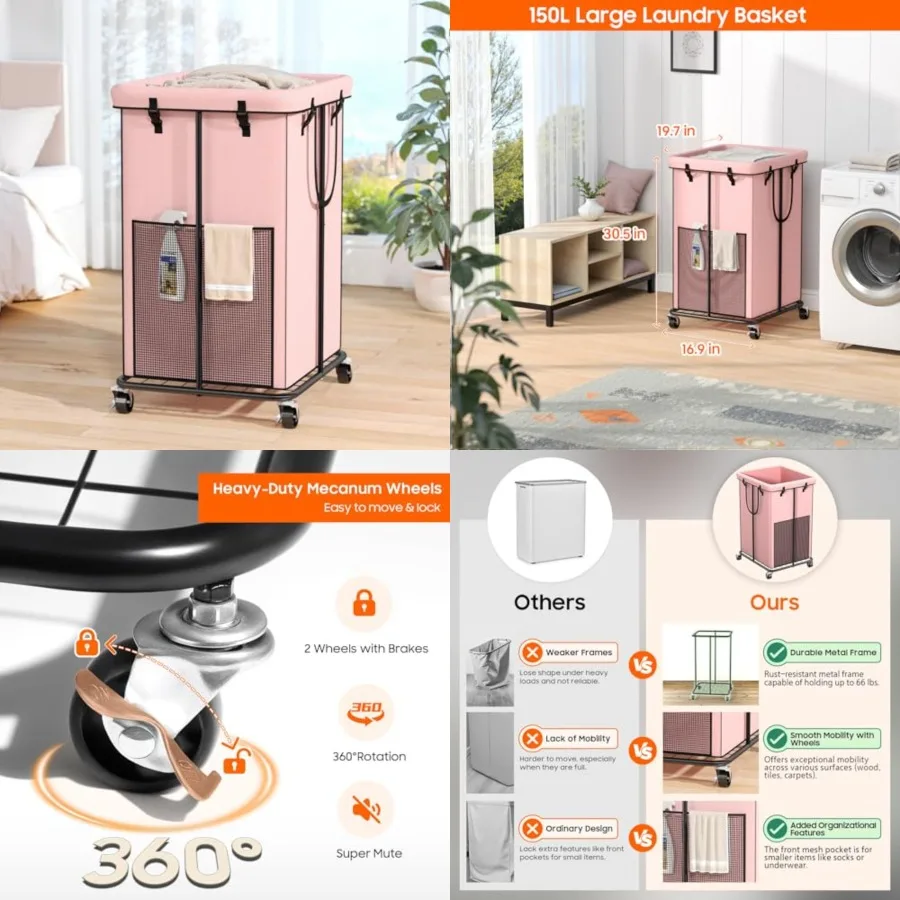 

150L Laundry Hamper with Wheels, Rolling Laundry Basket with Metal Frame and Removable Bag, Large Tall Dirty Clothes Hampers fo