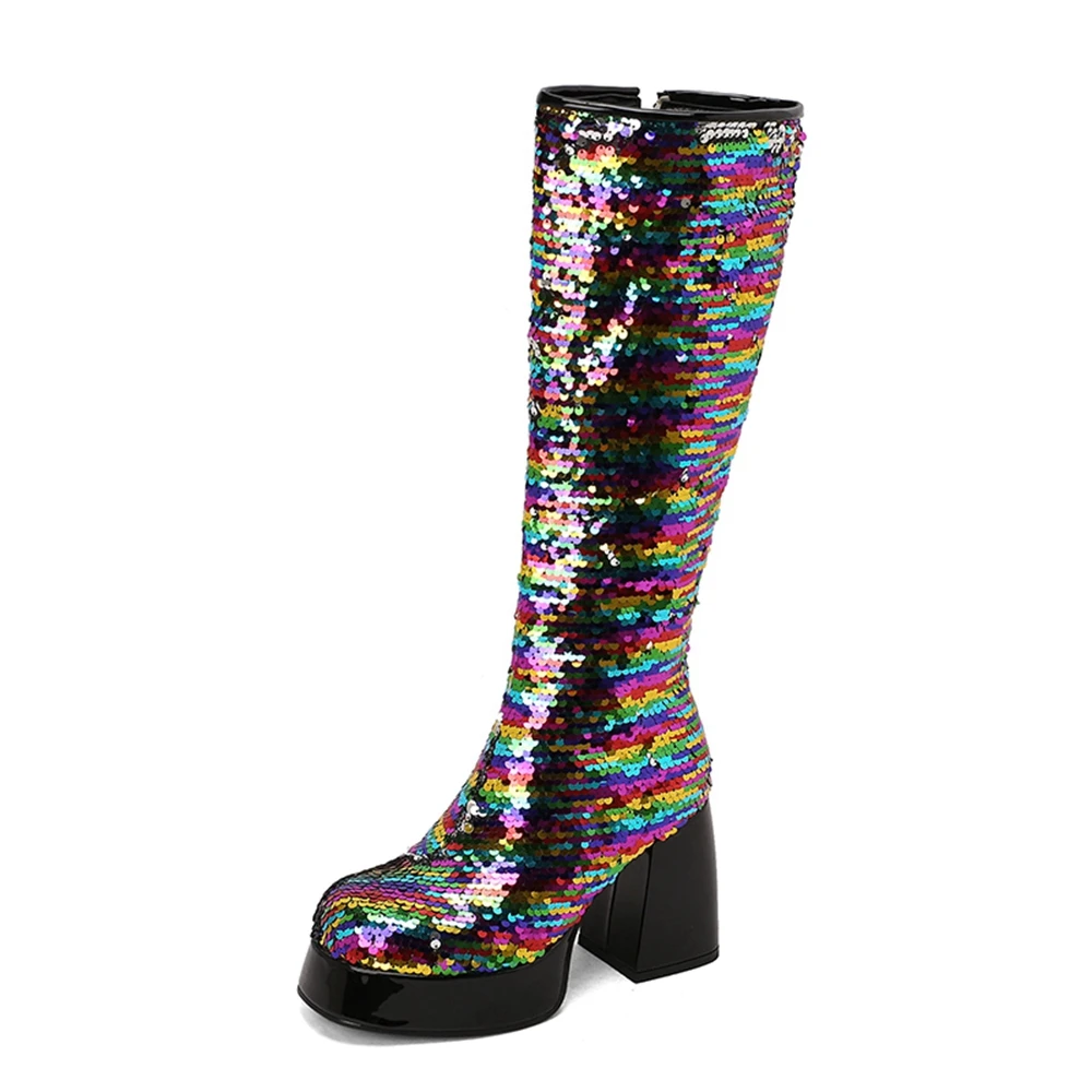 Women Sequin knee high Boots Inner Zipper Block Heel Platform Fashion Boots Large Size EU 35-48 2862