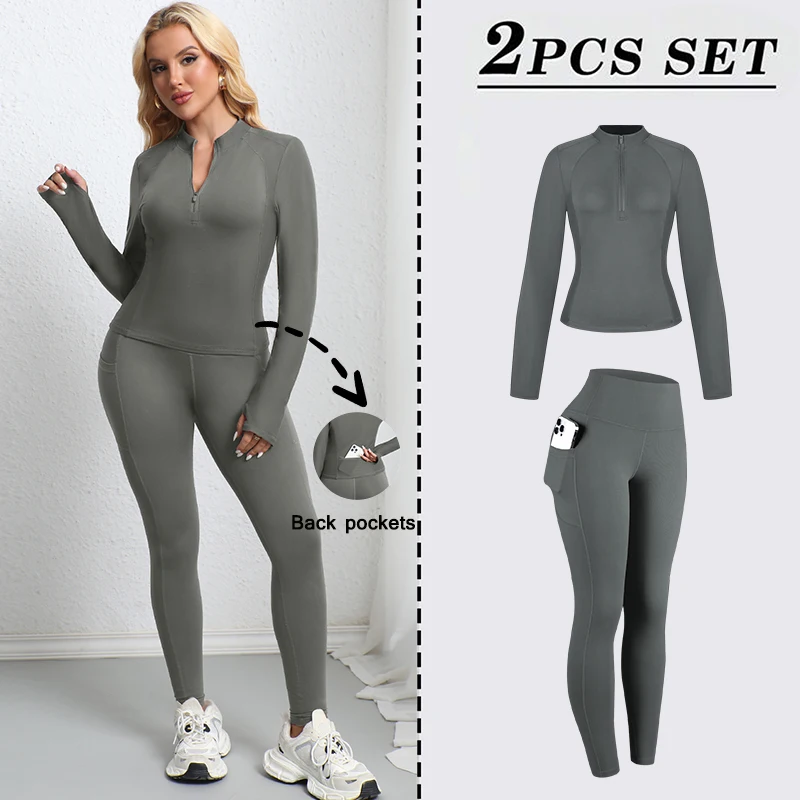 Women's 2-Piece Yoga Set Long-Sleeve Top with Back Pocket High-Waisted Tummy Control Butt-Lifting Leggings Stretchy Fitness Set