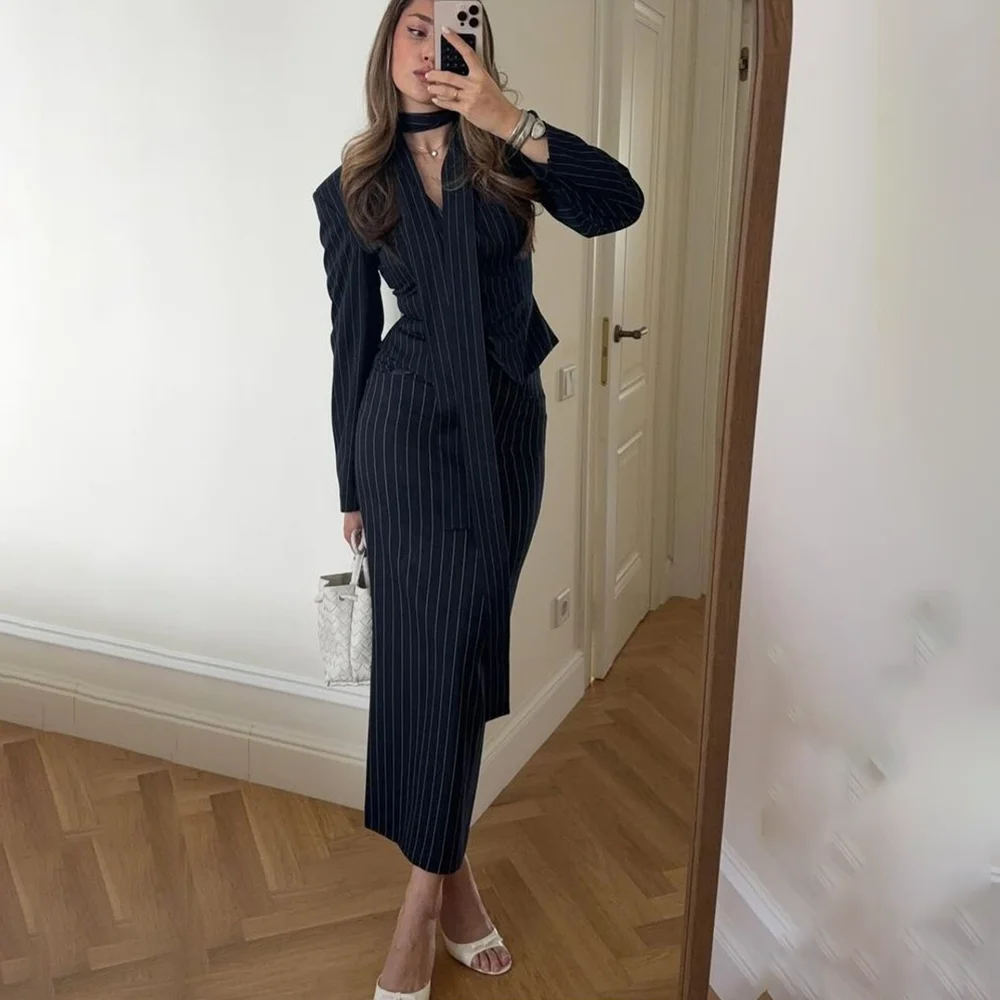 Blue Stripe Suit For Women 2 Pieces Jacket Skirt Chic Outfits Luxury Boutique Prom Party Blazer Set Trajes De Mujer Elegante