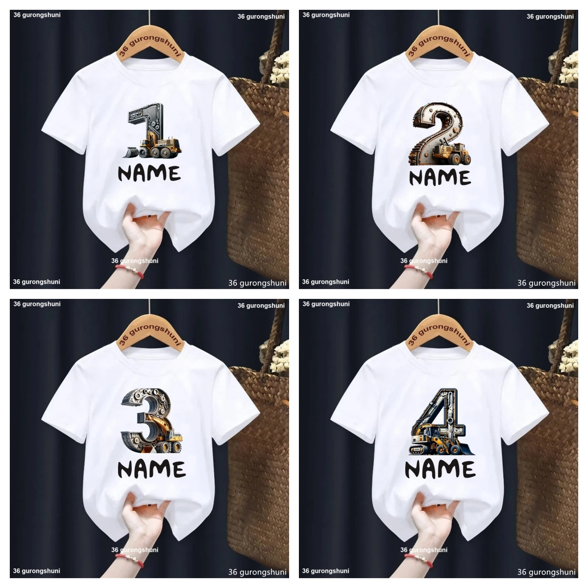 

Construction Vehicles Numbers1-9 Birthday tshirt Excavator Tractor Number Birthday Boys T-shirt Cute Children's Clothes gift tee