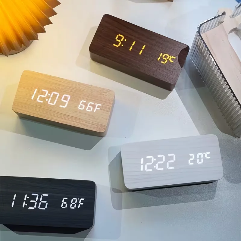 Wooden Digital Alarm Clock LED Table Clock with Temperature for Bedroom Office Voice Control Electronic Clocks Desk Room Decor