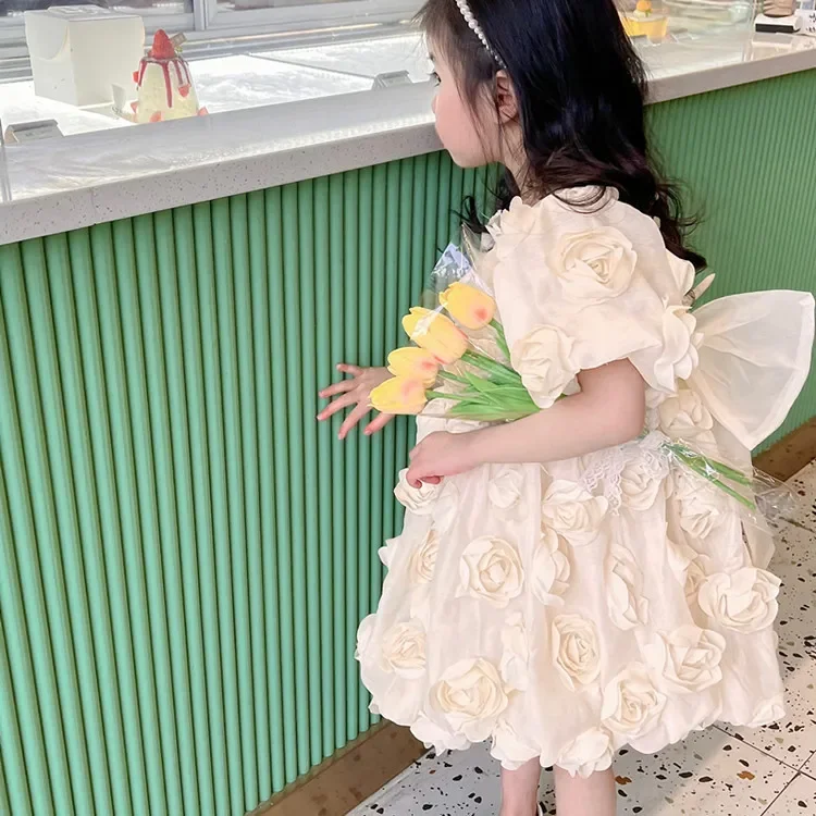 Children's Clothing Girls' 2024 Summer Dress Children's Sweet Three-dimensional Flower Organza Bow Dress