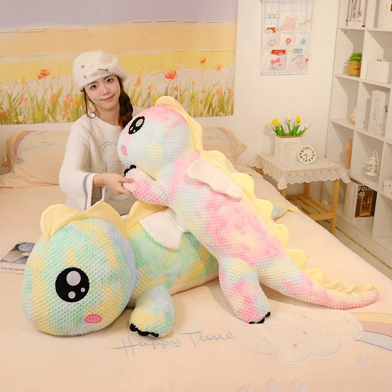 

90-130cm Big Size Colourful Dino Plush Toys Cartoon Stuffed Animal Big Eyes Dragon Doll Baby Sleeping Pillow for Kids Xmas Gifts