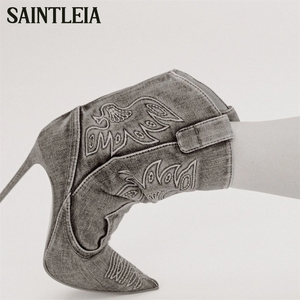 

Blue Denim Western Embroidered Ankle Boots Vintage Style Cowboy Mid-Calf Boots Pointed Toe Stiletto Sexy Handmade Women's Boots