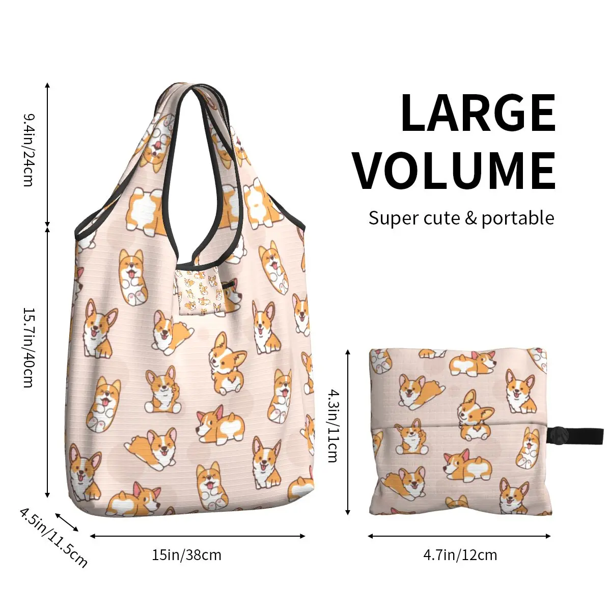 Borsa a tracolla portatile con stampa di moda divertente Corgi Puppy Shopping Tote Bag