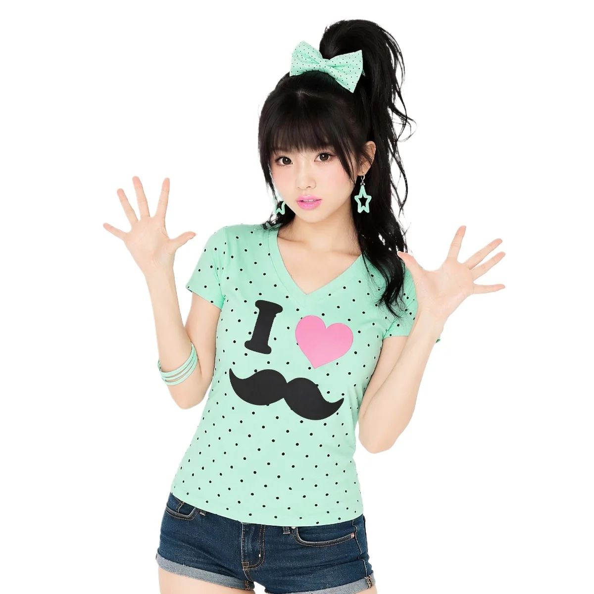Eye Beauty Original Mustache Vintage Polka Dot Mint Green Short Sleeve Subculture Y2K T-shirt Light Otaku Cute