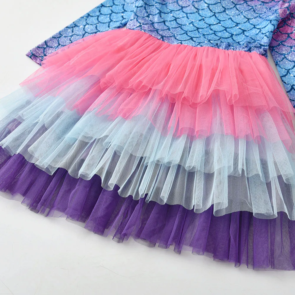 Vikita Kinder Langarm Kleid Mädchen Meerjungfrau Druck Kleider Kinder Farbverlauf bunte Kleid Mädchen Prinzessin geschichteten Tüll Tutu Kleider – Detail 6
