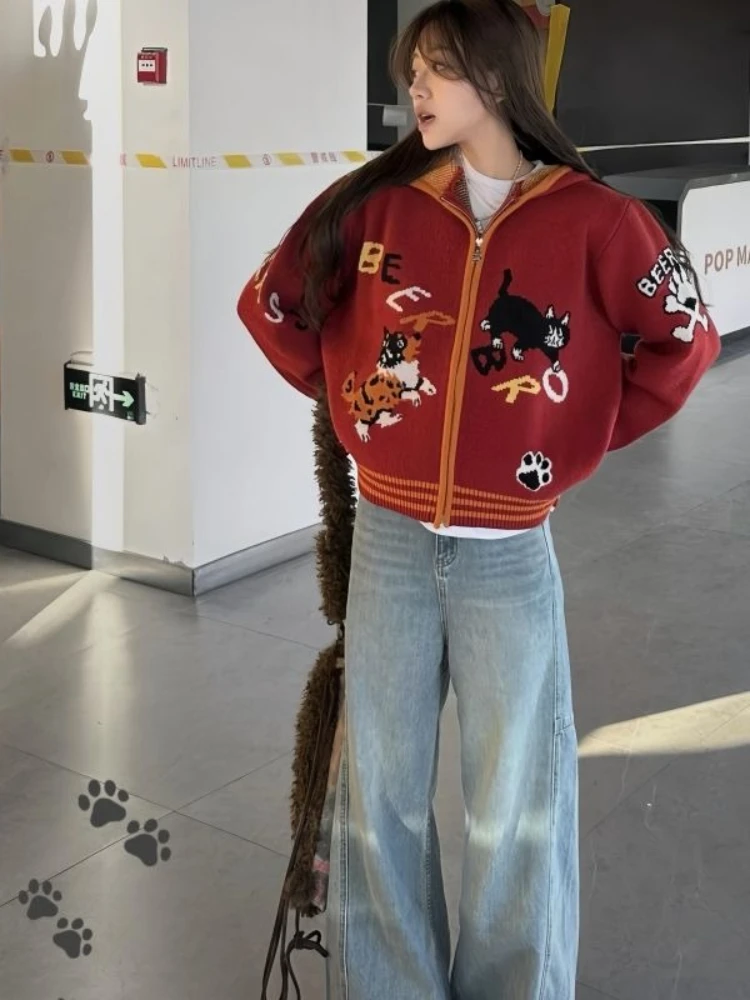 

Korobov Autumn American Retro Preppy V Neck Long Sleeve Cartoon Zipper Hooded Knitted Cardigan