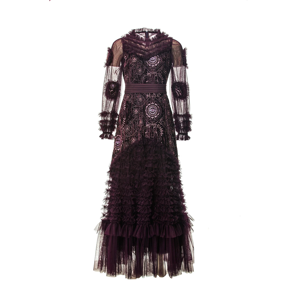 Vestido bordado de tule de veludo ameixa com miçangas lantejoulas gola alta mangas compridas plissado guarnição saia em camadas vestido de cintura