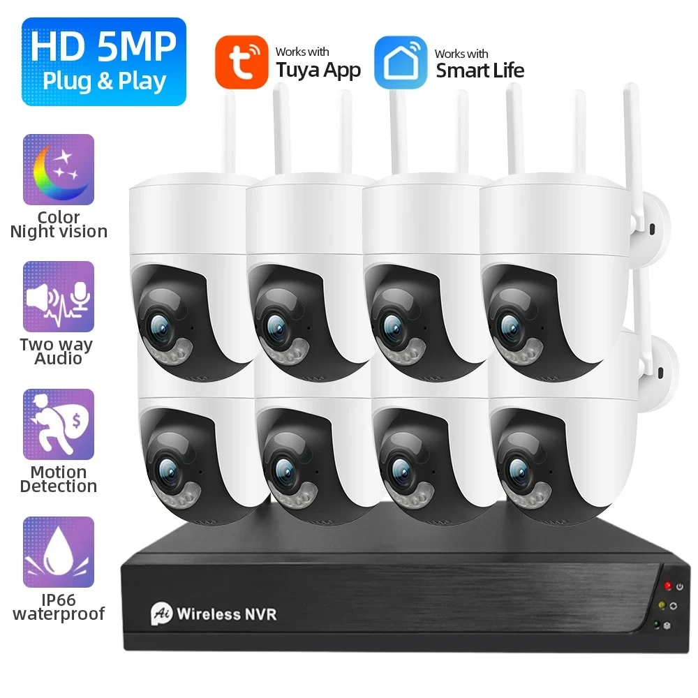 

Tuya 5MP PTZ CCTV Camera Security System Kit 8CH Wireless NVR Kit Two Way Audio Wifi IP Camera Video Surveillance System Set P2P