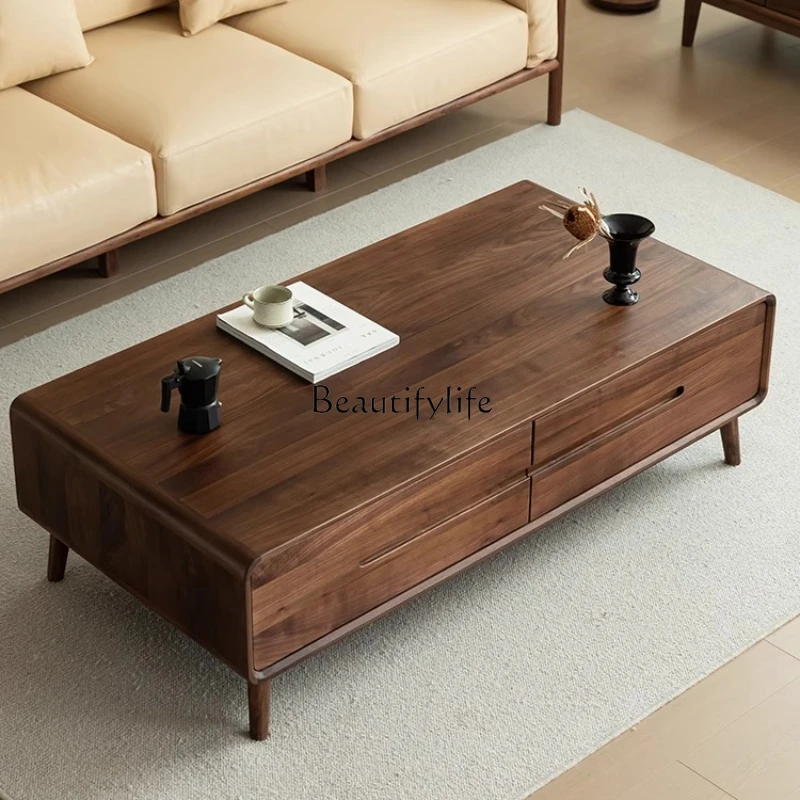 

05-Black walnut solid wood coffee table TV cabinet combination living room log all solid wood