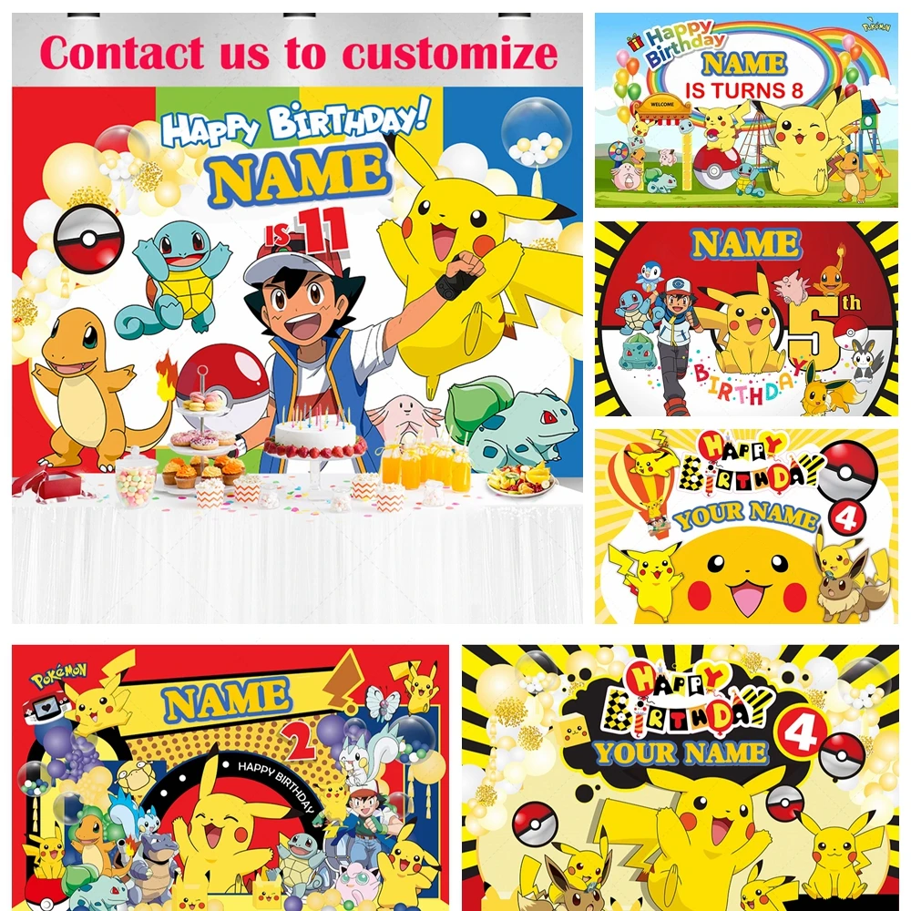 

Custom Name Pokemon Birthday Decorations Party Pikachu Backdrop Children Kids Boy Baby Shower Anime Banner Photography Poster