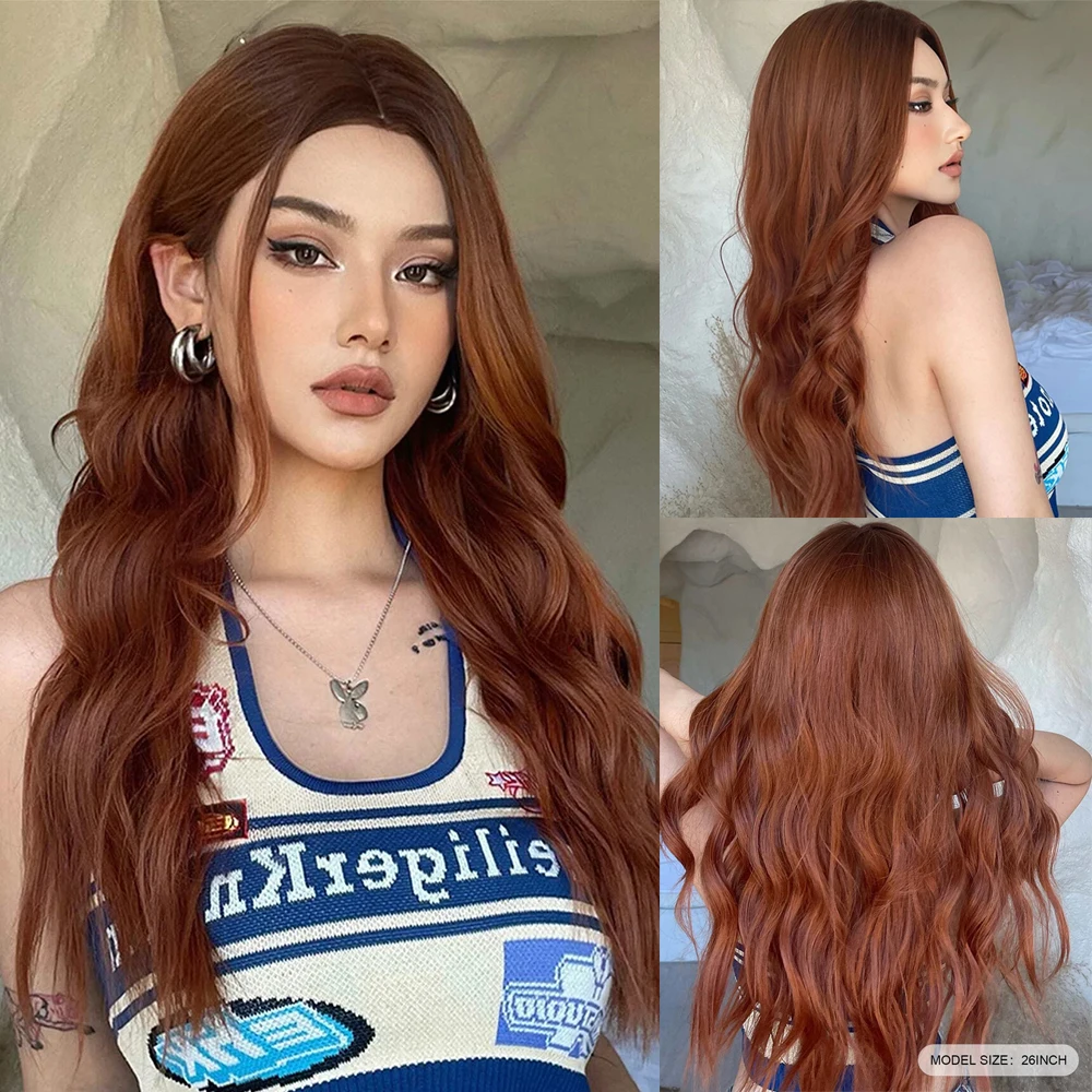 Long Curly Red Brown Wigs Medium Part Synthetic Wig Auburn Natural Wavy Fake Hair For Women Daily Cosplay Party Heat Resistant