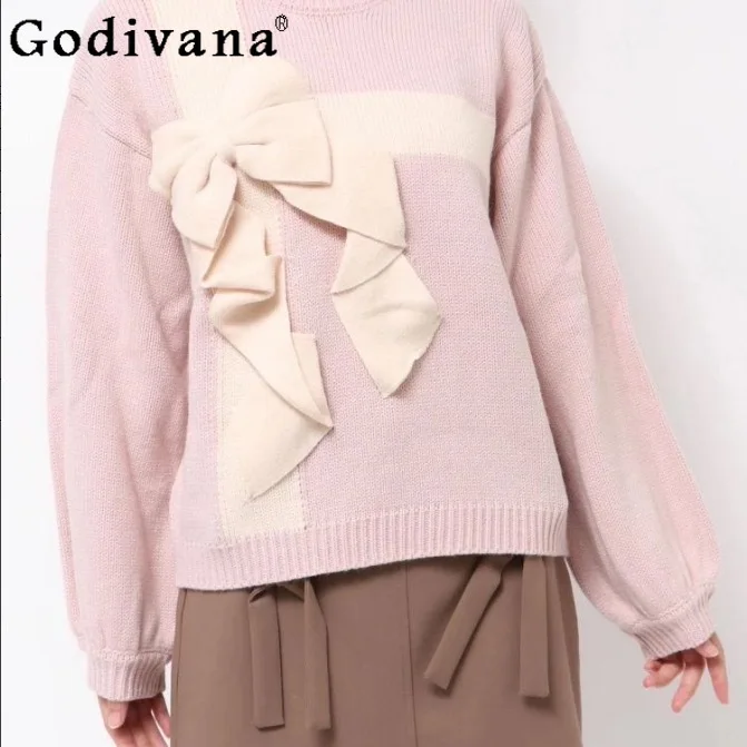 

Japanese Style Sweet Girl's Knitted Pullover Sweater Autumn Winter New Women's Loose Slim Cute Bow Patchwork Sweaters Tops 2025