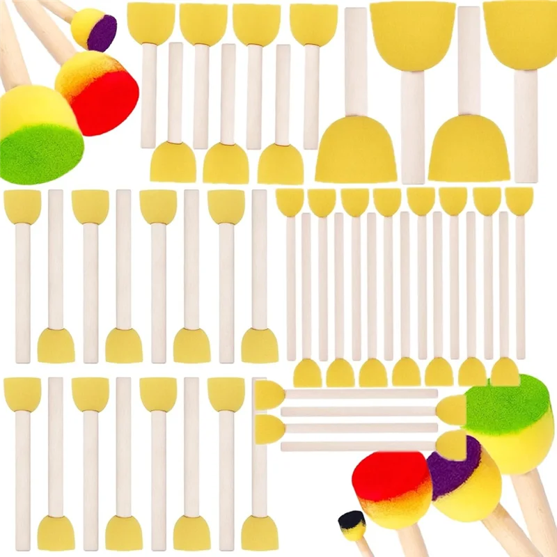 【ADORN】45 Pcs Round Paint Sponges Set - 4 Sizes Yellow Sponge Brushes - Wooden Handle Sponge Paint Brushes For DIY, Kids Arts