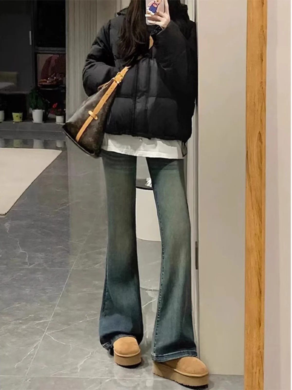 

plus Size Fleece Lined Flare Denim Jeans Women High Waist Elastic Slim Straight Leg Pants Cotton Stretch Denim Blue Jeans