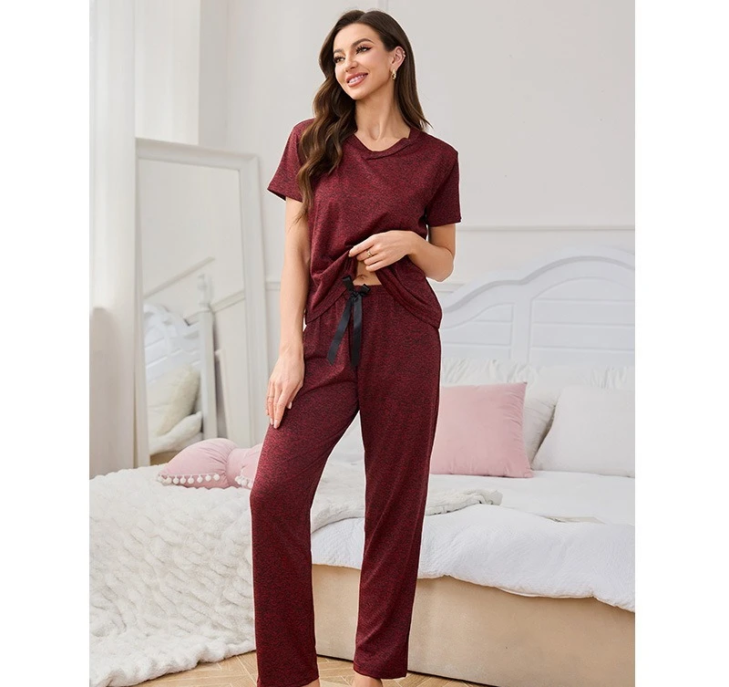 

Women's Luxury Knitted Cotton Two Piece Set Short Sleeved Nightgown Trousers Loungewear Pajamas Solid Colors Casual XL Size
