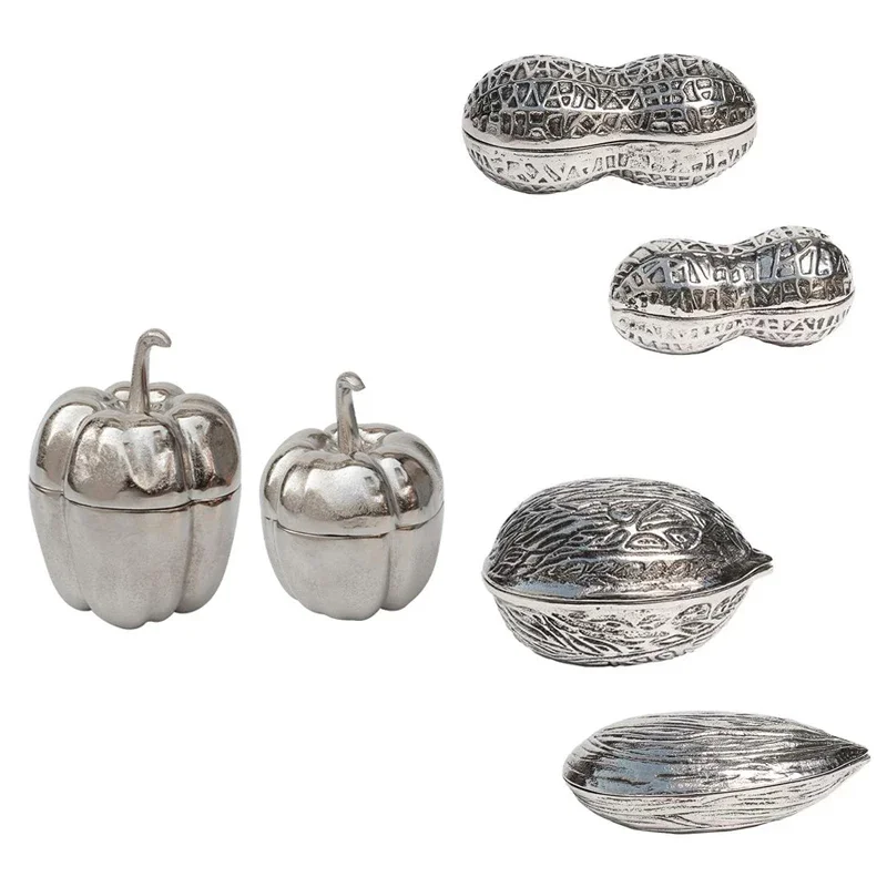Aluminum retro silver metal peanut walnut almond shape ornament pumpkin storage jewelry box ornament