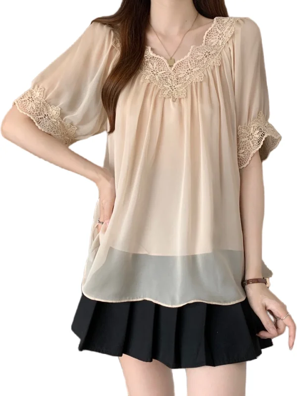 Lace Patchwork V-Neck Short Sleeve Women's Summer 2026 plus Size Slimming Chiffon Shirt Korean Style Bubble Sleeve Top
