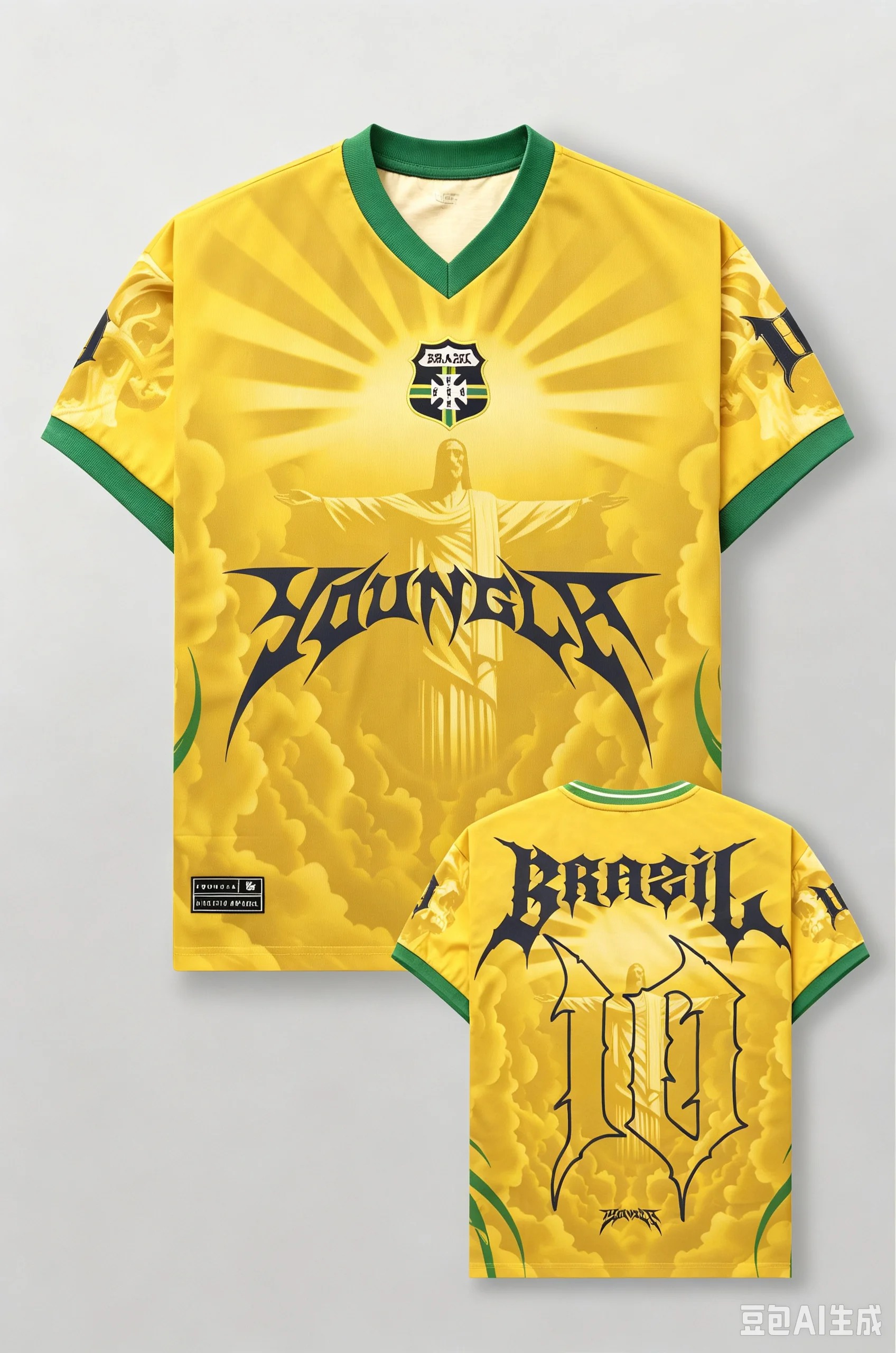3D Printing Brazil No.10 Soccer Jersey, Christ Statue Graphic Yellow Green Short‑sleeve Gothic Street Football ShirtA Family Set
