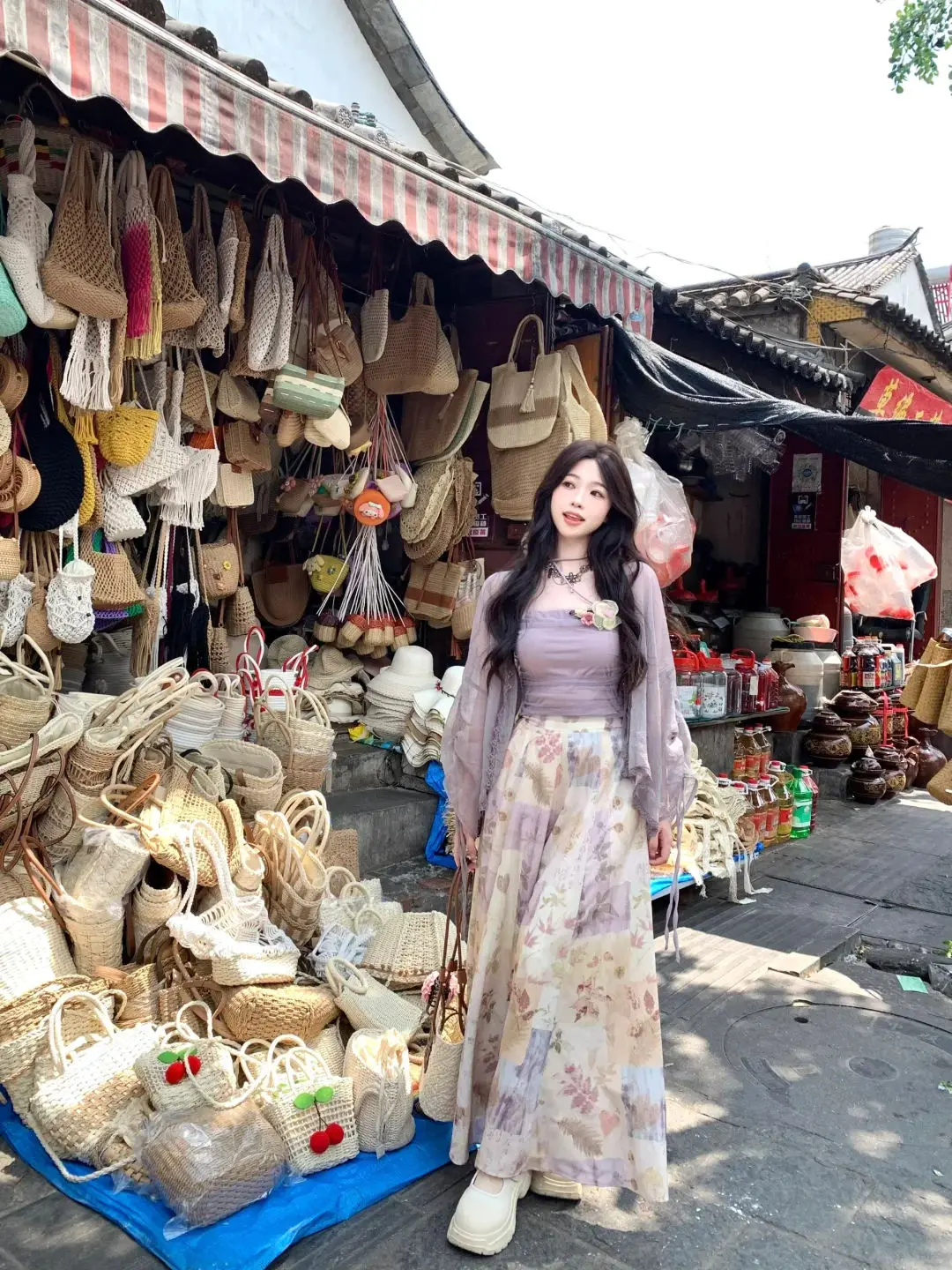 New Chinese style slim style sun protection cardigan, purple strapless vest, top design, floral high waisted skirt