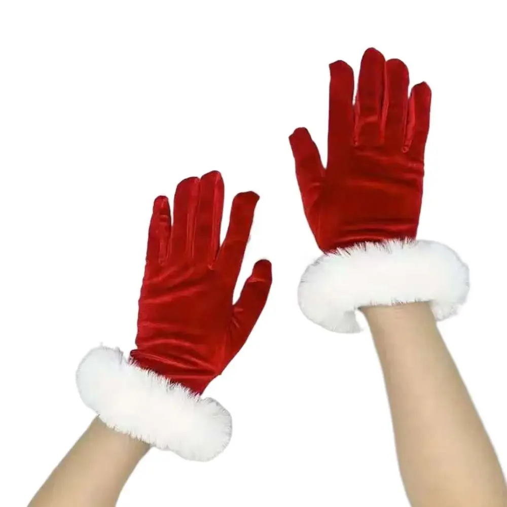 

Fashion with Faux Fur Trim Christmas Red Gloves Soft Holiday Mitten Short Velvet Gloves for Evening Events