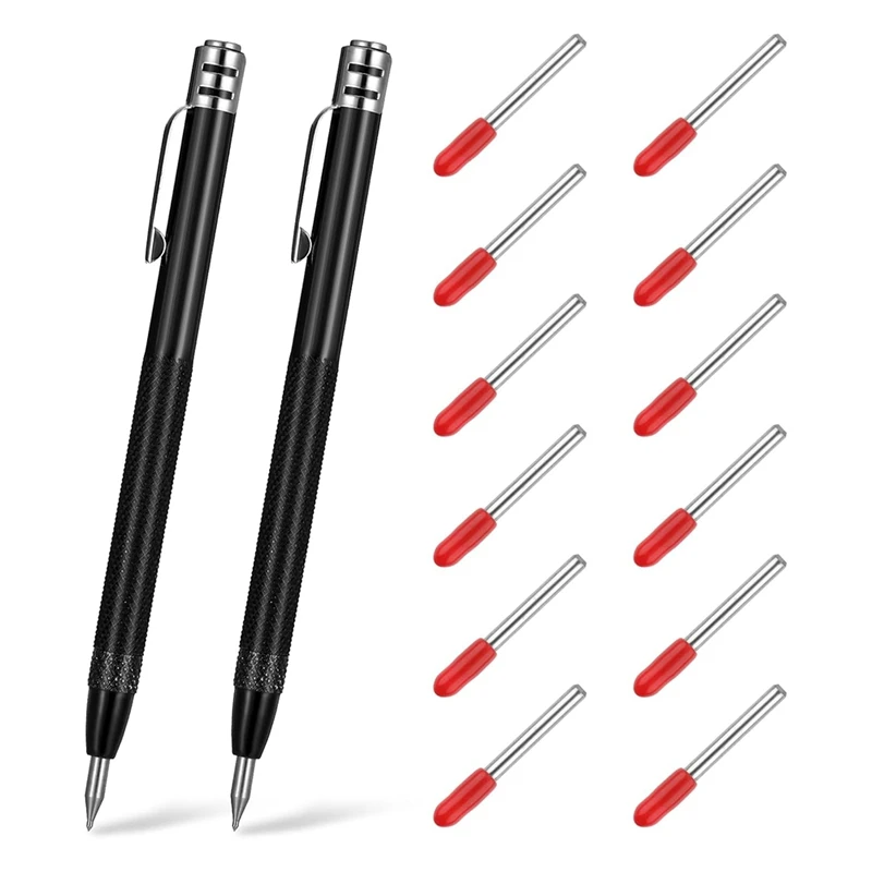 2 PCS Tungsten Carbide Scriber With Magnet With 12 Replacement Marking Tip, With Clip For Glass/Ceramics/Metal Sheet