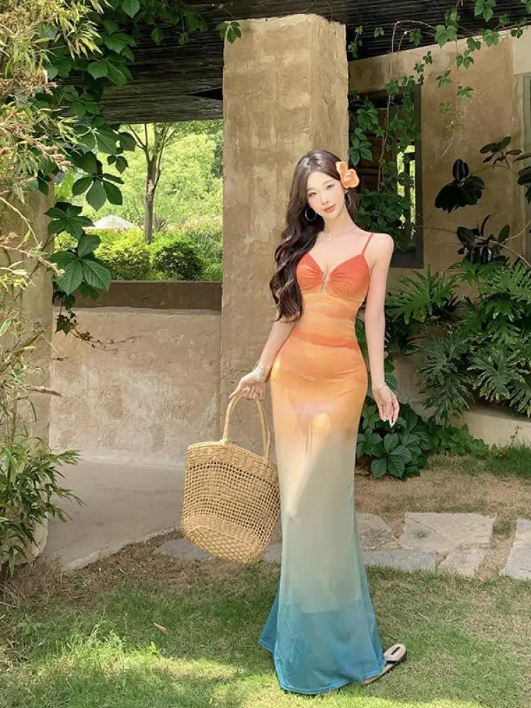 

Summer Yellow Gradient Patchwork Mesh V Neck Elegant Sexy Club Slip Dress Women Sleeveless Backless Vacation Party Long Dresses