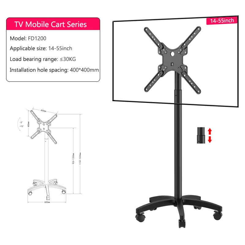 14-55 inch Mobile TV Stand Height Adjustable with Wheels 30KG TVs Monitor Hanging Stand for Home Conference Restaurant Hospital