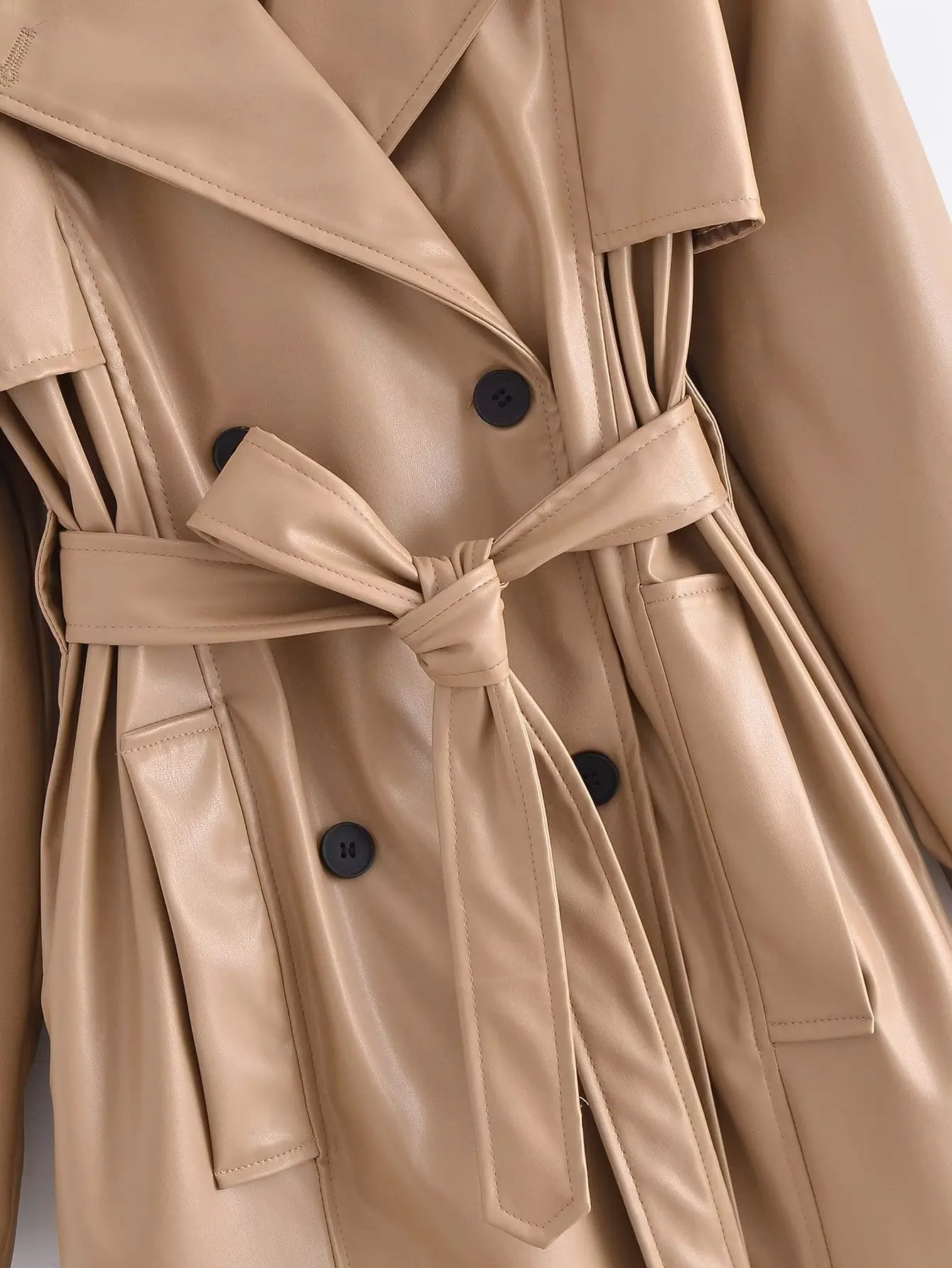 Brand Spring Autumn Long Faux Leather Trench Coat for Women Belt Double Breasted Luxury Elegant Khaki Leather Jacket Women Coat