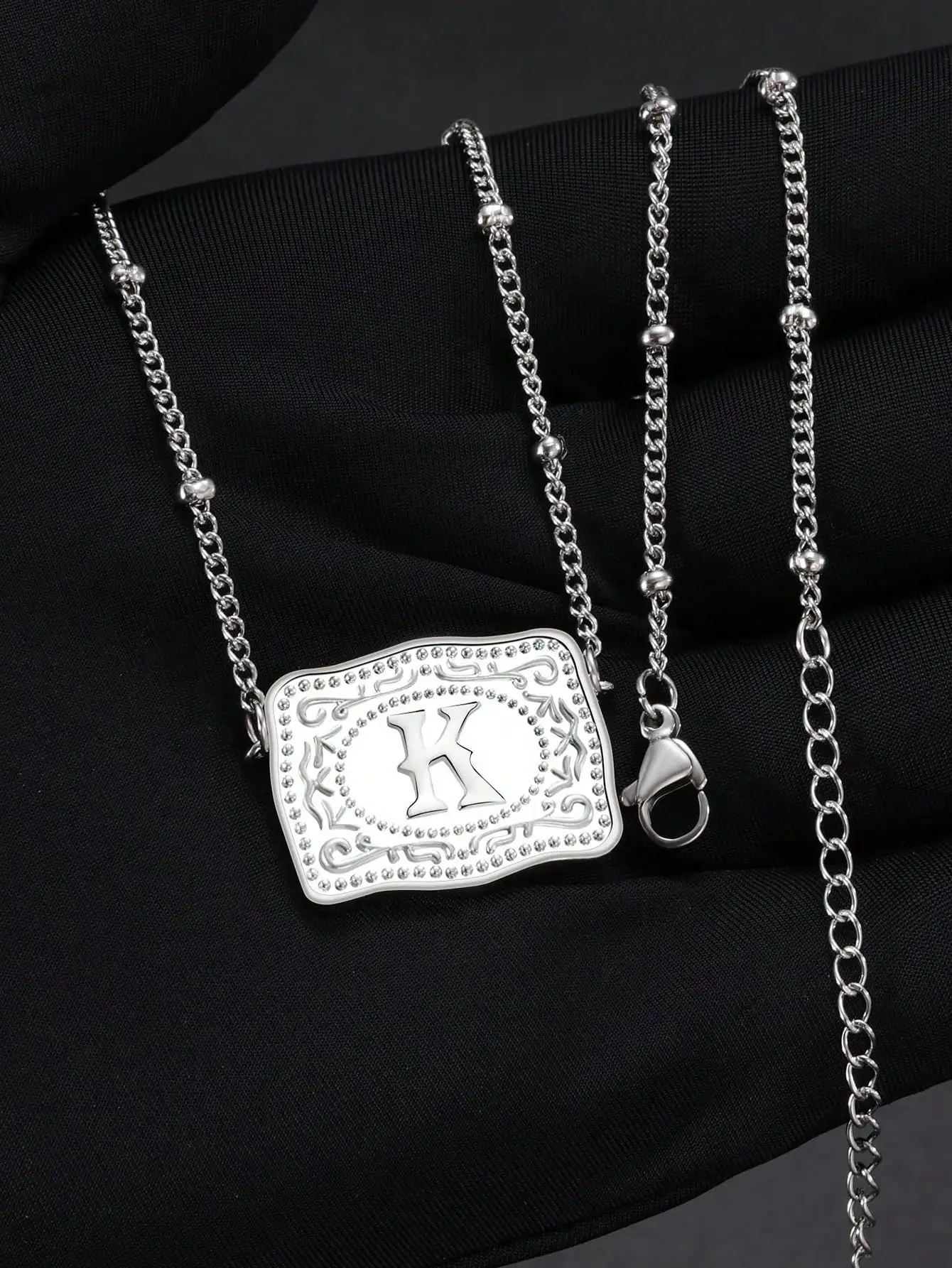 

Silver-Tone Rectangular Initial Pendant Necklace with Ornate Border and Beaded Detail