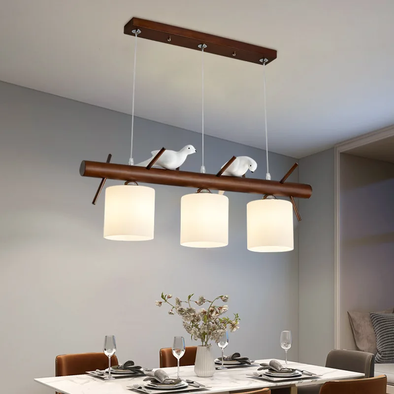 

New Chinese restaurant chandelier rubber wood three led dining room light simple Internet celebrity bird creative