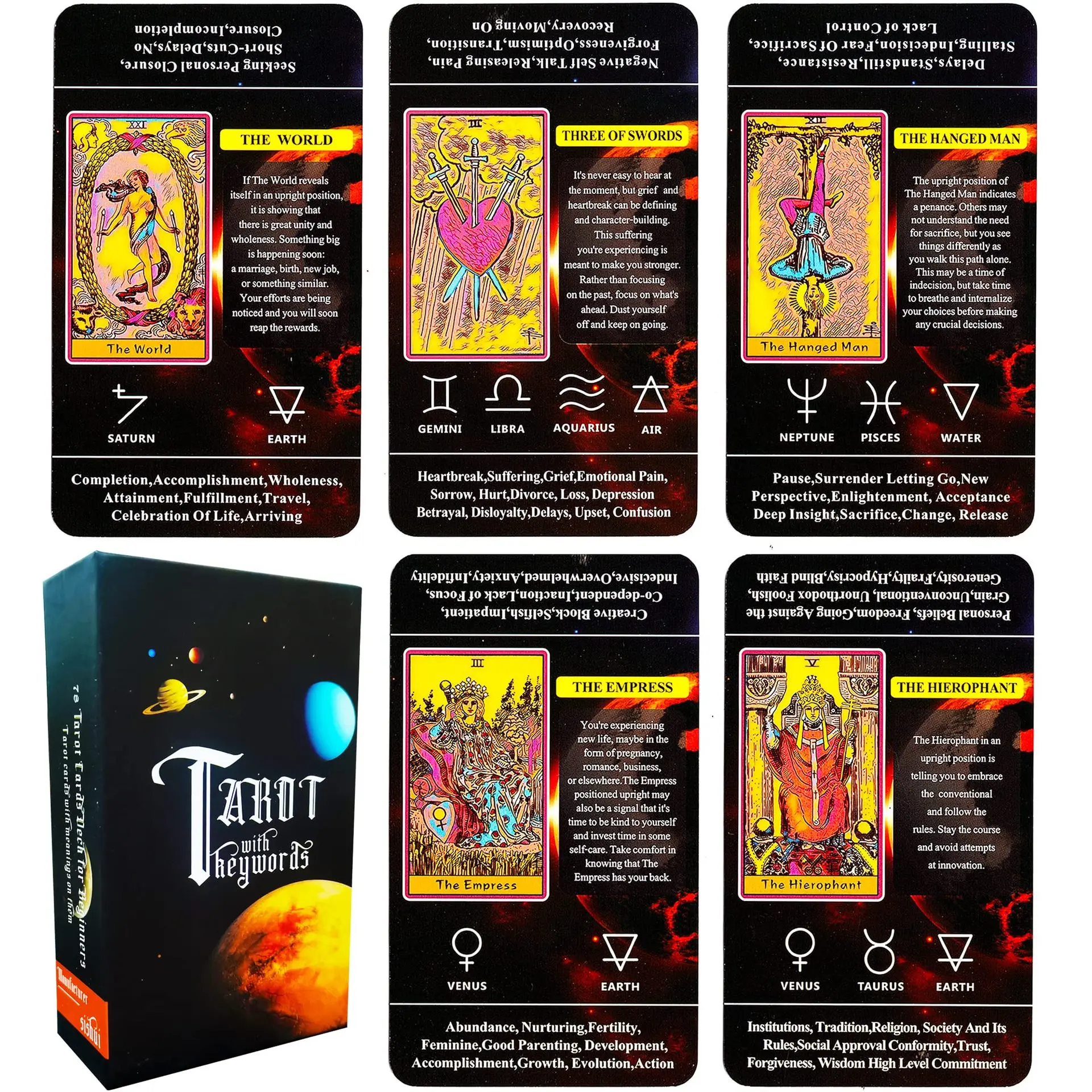 Planet Tarot In Rigid Box with Reversed Keywords on Cards 78 Pcs Colorful Rider Waite Tarot Cards Standard Size 12*7cm