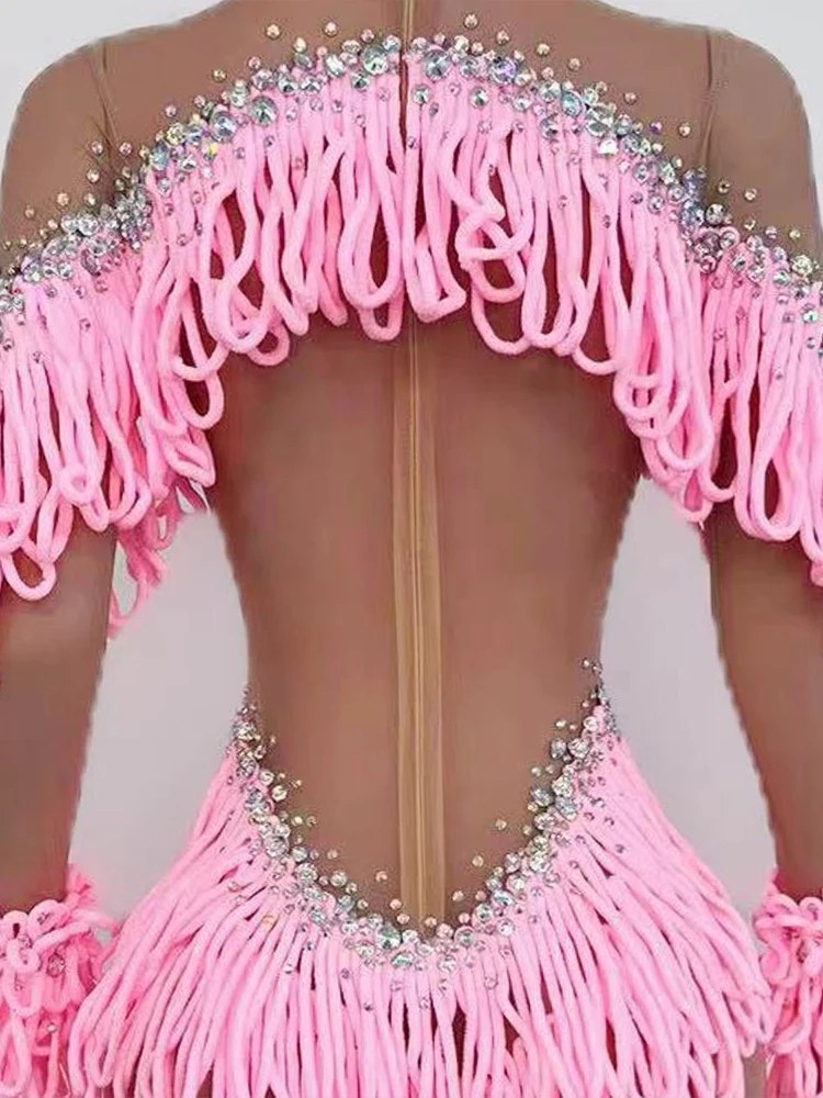 高品質ホットスタンプとカラーブロックタッセルセクシーシースルーメッシュジャンプスーツ2025新作ファッションカスタムレディース服