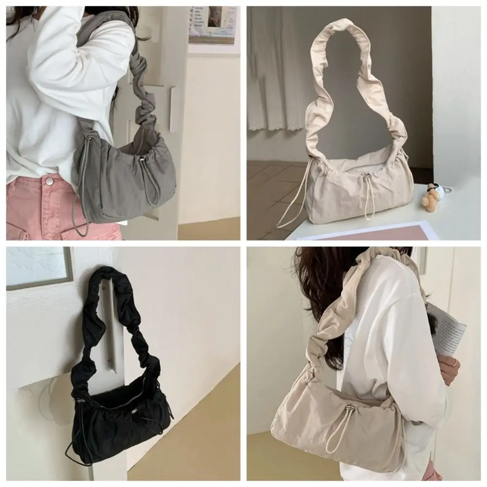 

Casual Drawstring Pleated Shoulder Bag Y2K Solid Color Cloud Crossbody Bag Korean Style Dumpling Bag Nylon Underarm Bag Lady