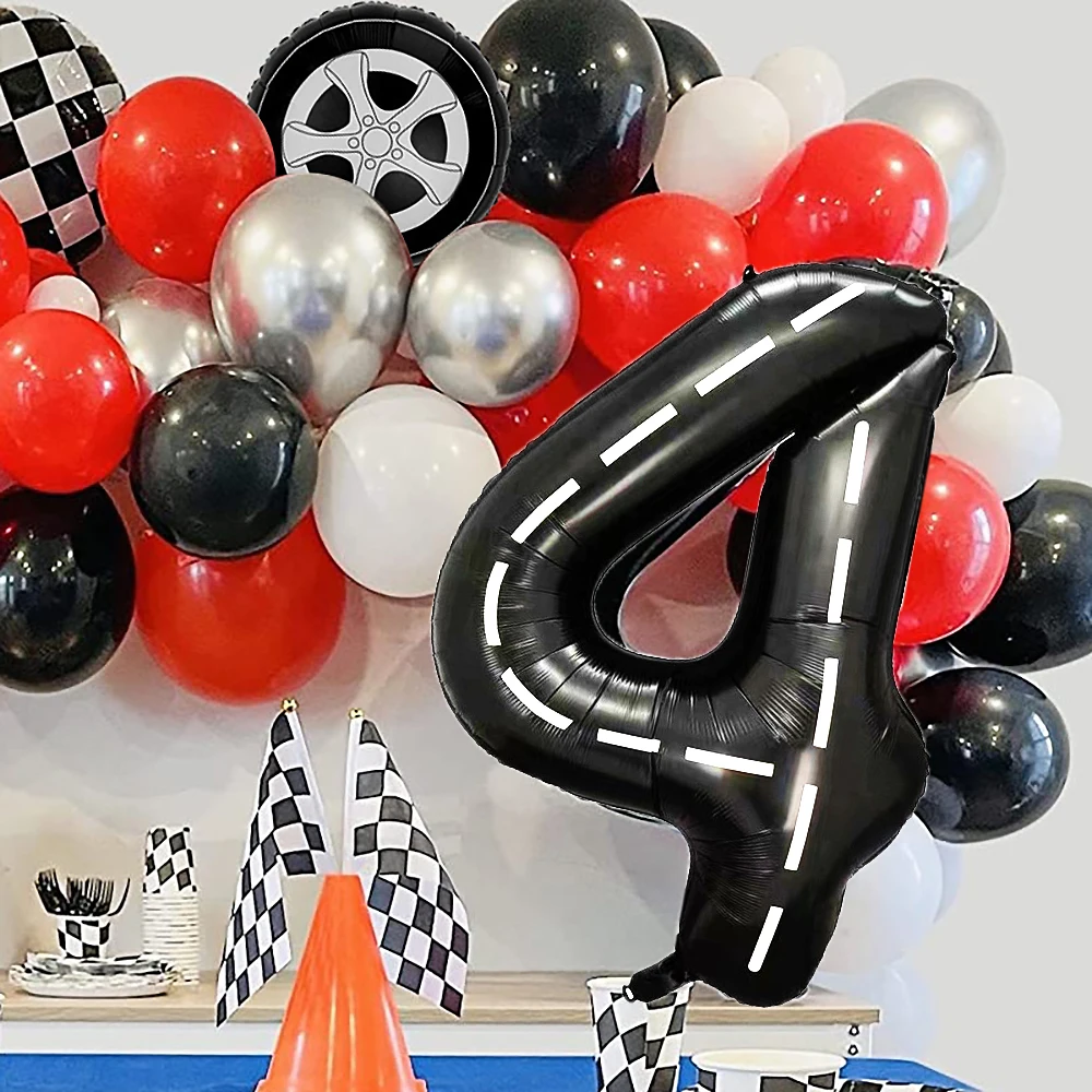 40Inch Race Car Birthday Balloons Large Black Number Balloon Happy Birthday Balloons Kids Boy Birthday Favors Racing Party Decor