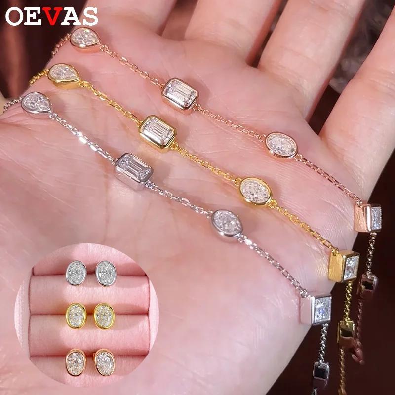 

OEVAS 0.5CT Oval/Pear/Heart Moissanite Bracelets Earrings Set S925 Silver Plated 18K Gold Wrist Chain for Women Fine Jewelry