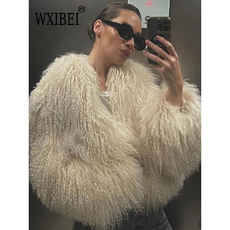 Elegant Furry Faux Fur Warm Short Coats Women Round Neck Long Sleeve Thickened Jacket 2024 Winter Lady High Street Outwear