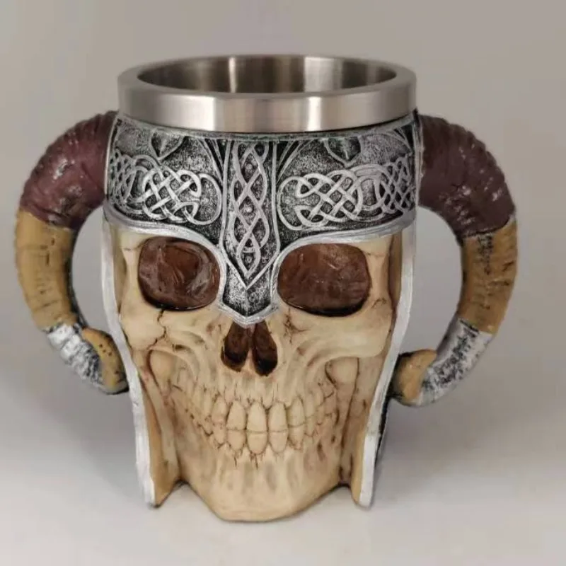 Stainless Steel Skull Mug Viking Ram Horned Pit Lord Warrior Beer Stein Tankard Coffee Mug Tea Cup Halloween Bar Drinkware Gift