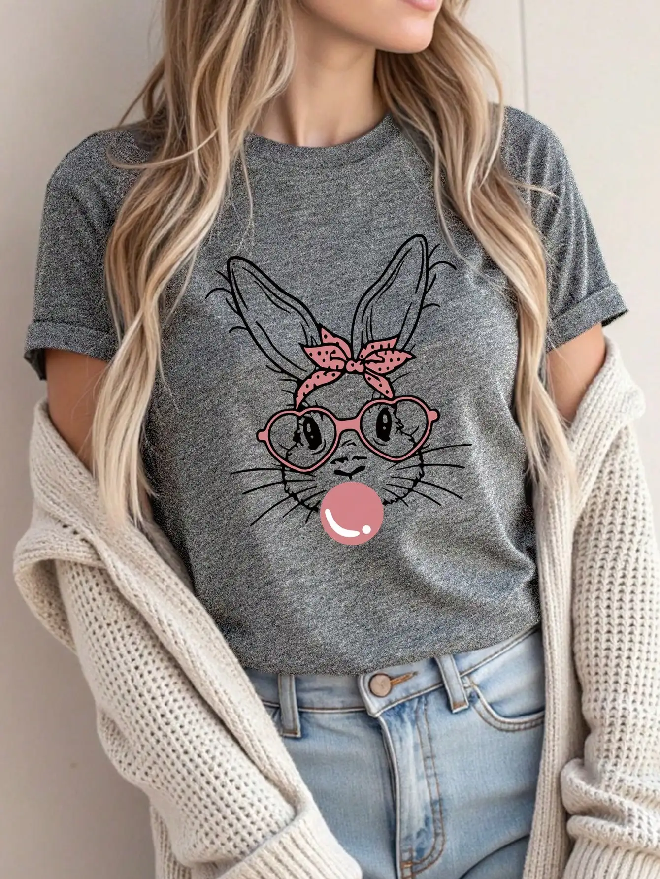 

Rabbit Cartoon Print Round Neck Short Sleeve T-Shirt, Suitable For Easter And Casual Occasions