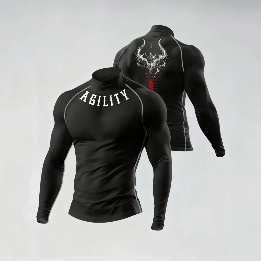 Dunkles Gothic-Sport-Kompressionsshirt mit Dämonen-Totem-Aufdruck, Stehkragen, für Männer, zum Gewichtheben und Laufen, Langarm-Sportbekleidung – Detail 4
