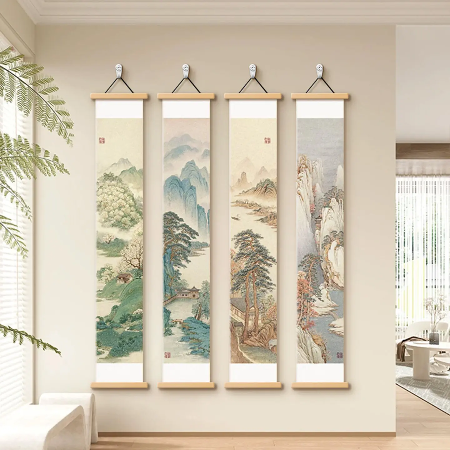 Wall Art Four Seasons Mountain Landscape Song Style Pearlescent Canvas Hanging Scroll with Wooden Rods for Tea Room Living Room