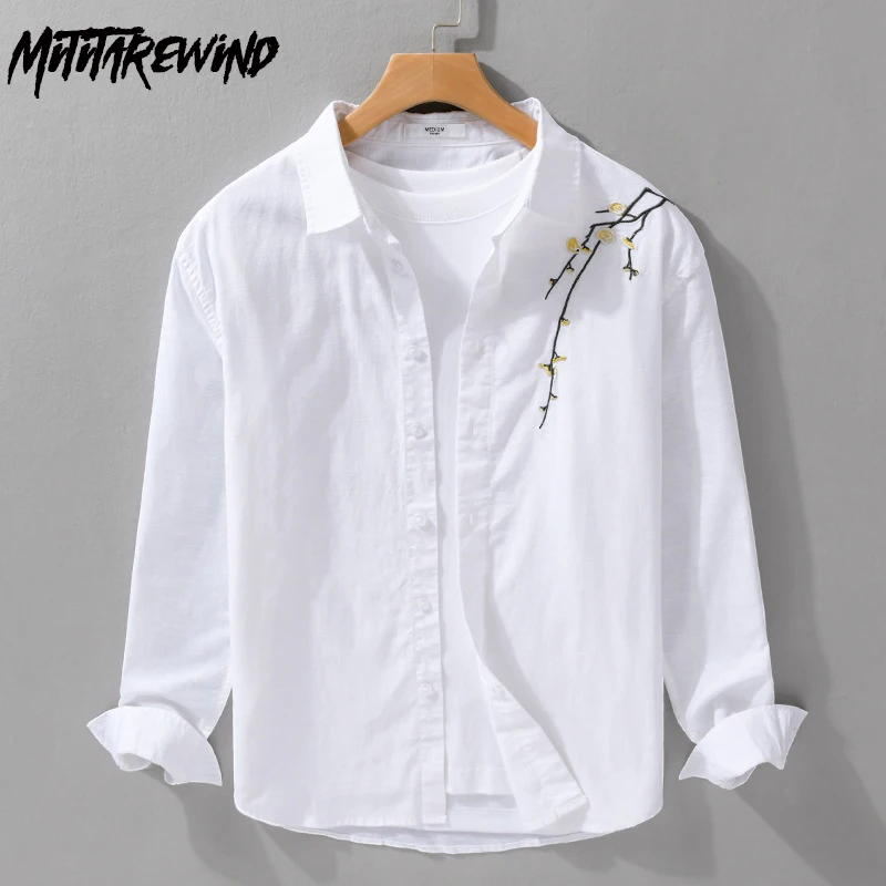 Spring Summer New Long Sleeve Men Shirts Daily Causal Cotton Linen Shirt Lapel Loose Plum Blossom Embroidery Shirt Fashion Tops