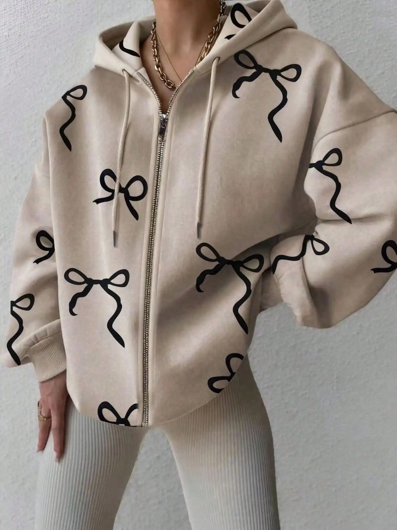 

Women's Loose Fit Zip-Up Hoodie with Bow Print, Casual Long Sleeve Sweatshirt for Everyday Wear