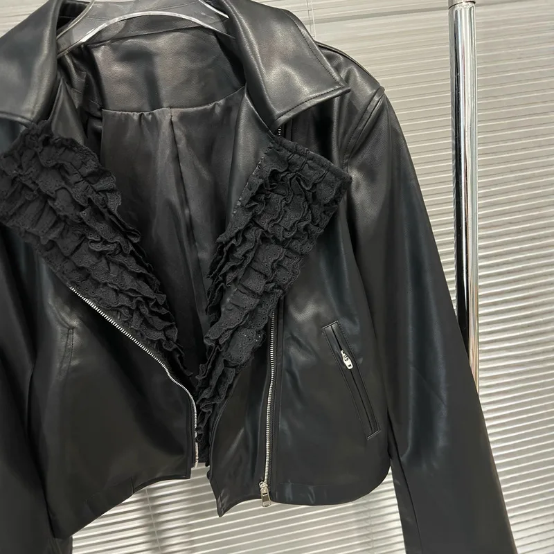 WTHT Trendy delle nuove donne impiombate bordo increspato risvolto giacca di pelle PU 2025 autunno moda maniche lunghe cappotto con cerniera femminile 1LS2495