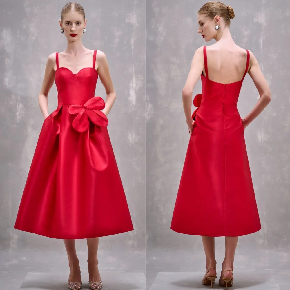 

Customized Elegant Charmeuse Bow Pleat A-line Sweetheart Midi Dresses Bespoke Occasion Chinese Style Sexy