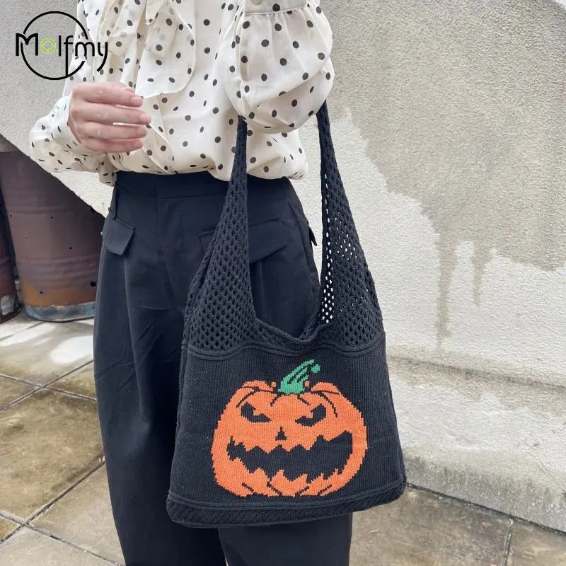 Borsa a tracolla in maglia borsa a tracolla modello zucca di Halloween borsa ascellare da donna di grande capacità Trend Cartoon Play Tricks borsa