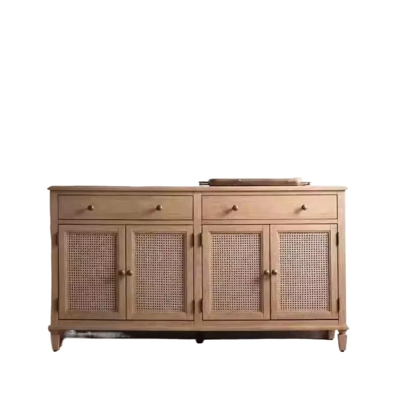 

American country solid wood dining side cabinet, retro style bedroom natural rattan locker